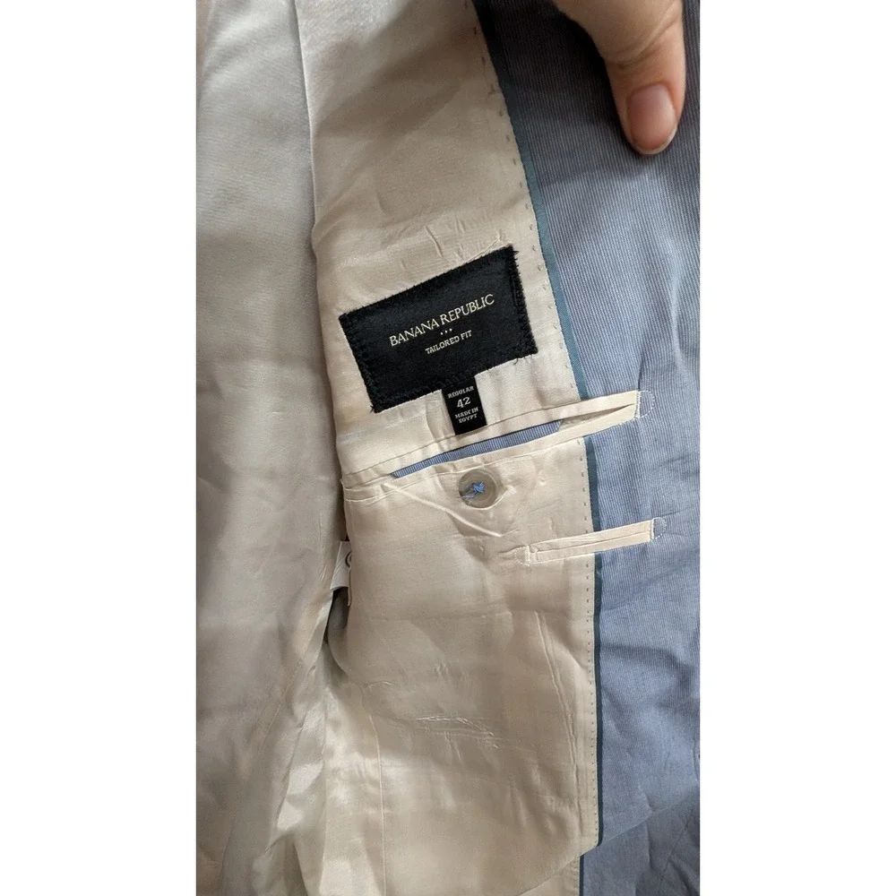 Banana Republic Tailored Fit Mini Stripe Blazer Light Blue Cotton Jacket- 42R